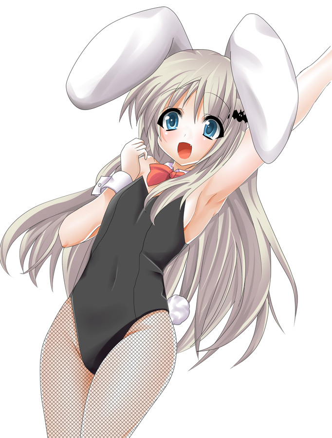 animal_ears armpits bow bowtie bunny_ears bunny_tail bunnysuit fishnet_pantyhose fishnets little_busters! long_hair masayu noumi_kudryavka open_mouth pantyhose silver_hair solo tail wrist_cuffs
