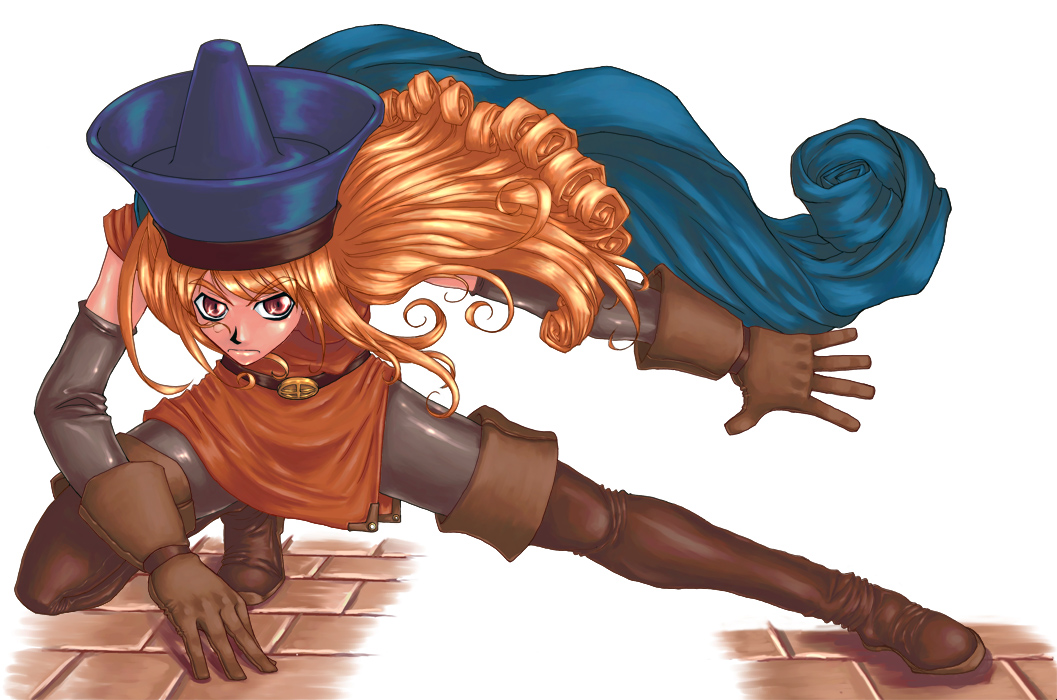 alena_(dq4) artist_request boots brown_dress cape dragon_quest dragon_quest_iv dress gloves hat pantyhose red_eyes red_hair solo