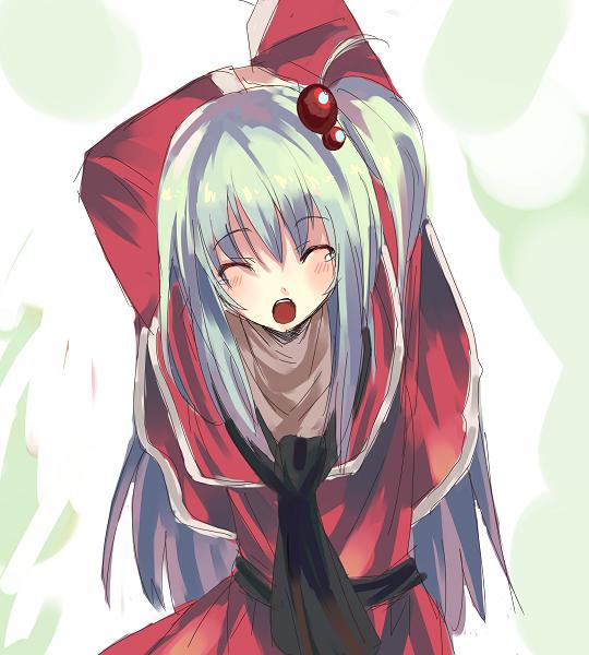 ^_^ ^o^ ahoge arms_up artist_request bangs black_neckwear blush capelet closed_eyes dress eyebrows_visible_through_hair facing_viewer green_hair hair_between_eyes hair_bobbles hair_ornament long_hair long_sleeves neckerchief open_mouth outstretched_arm red_capelet red_dress shinki side_ponytail sketch solo source_request stretch tears touhou upper_body yawning