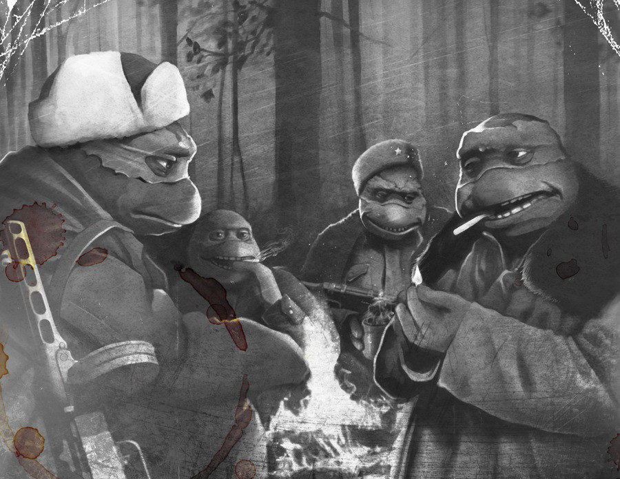 ahrrr black_and_white fire forest monochrome smoking soviet teenage_mutant_ninja_turtles tree wood