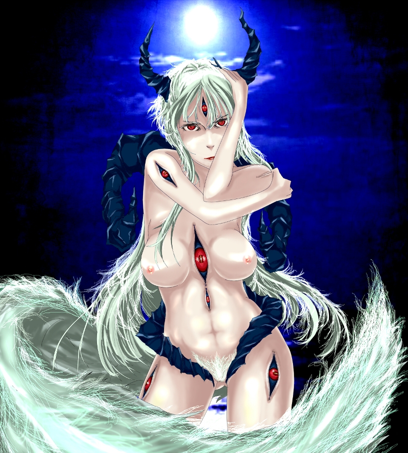 abs arm_rest ass_visible_through_thighs bad_anatomy black_sclera breasts chiku_(gesu) colored_pubic_hair ex-keine fingernails flower green_hair hakutaku hand_on_own_head hand_on_own_shoulder head_tilt horns kamishirasawa_keine large_breasts long_fingernails long_hair looking_at_viewer monster_girl multicolored_hair night night_sky nose nude pubic_hair red_eyes red_lips shaded_face sky slit_pupils solo tail thighs touhou transformation two-tone_hair very_long_hair white_hair white_pubic_hair