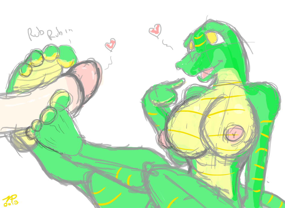 &hearts; &lt;3 4_toes anthro big_breasts big_eyes breasts crocodile disembodied_penis duo female foot_fetish footjob green green_body hindpaw male nipples nude paws penis reptile rubbing scalie sex sketch soles straight stripes ticklishways toes yellow yellow_eyes zp92
