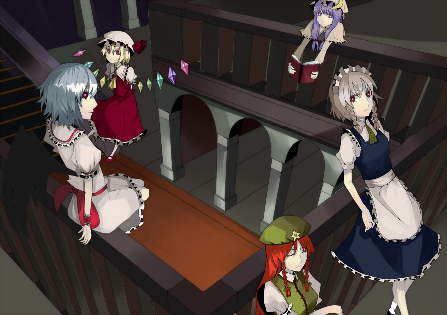 arms_behind_back bat_wings blonde_hair blue_hair book braid closed_eyes crescent dress flandre_scarlet grin hat holding holding_book hong_meiling izayoi_sakuya long_hair maid maid_headdress multiple_girls no_hat no_headwear open_book orgia outstretched_arms patchouli_knowledge purple_eyes purple_hair red_eyes red_hair remilia_scarlet silver_hair smile star touhou twin_braids wings wrist_cuffs