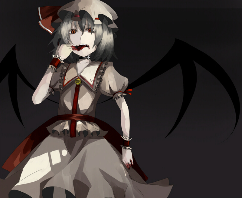 alternate_hair_color blood choker dress grey_background hat licking orgia red_eyes remilia_scarlet silver_hair solo tongue touhou wings wrist_cuffs