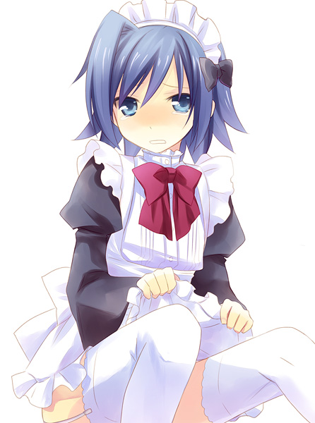 alternate_costume androgynous blue_eyes blue_hair bow cardfight!!_vanguard crossdressing enmaided garter_straps looking_at_viewer maid maid_headdress male_focus nanami_yasuna otoko_no_ko sendou_aichi sitting solo thighhighs white_background white_legwear