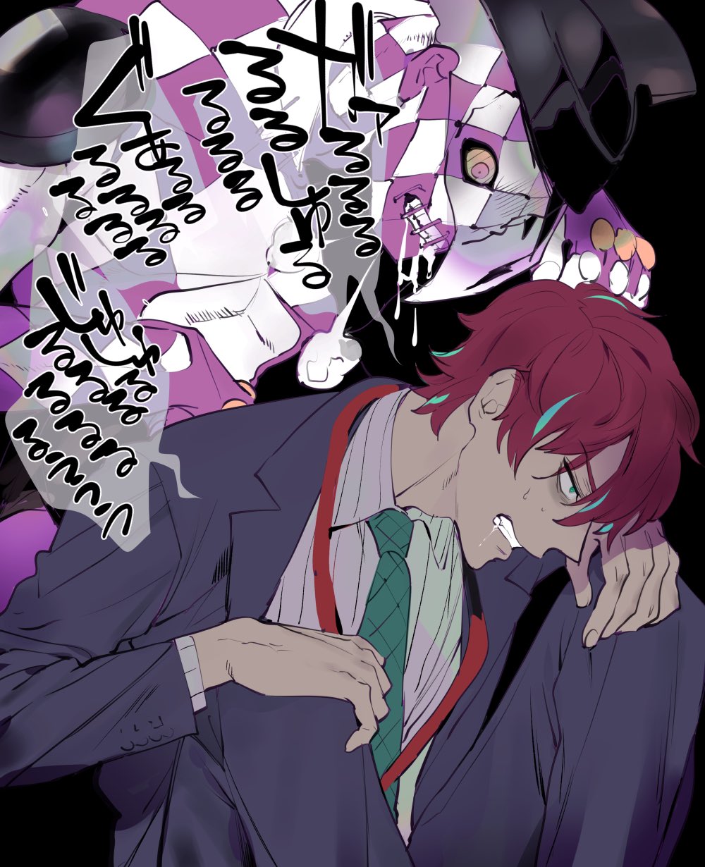 2boys black_background blue_suit checkered clenched_teeth crossover drooling green_eyes green_neckwear highres hypnosis_mic jojo_no_kimyou_na_bouken kannonzaka_doppo lanyard male_focus multicolored_hair multiple_boys necktie purple_haze_(stand) salaryman saliva simple_background sitting stand_(jojo) streaked_hair sweat teeth vento_aureo wadani_hitonori