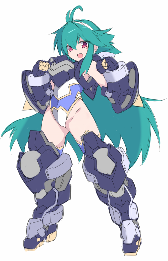 1girl :d antenna_hair armored_boots bangs blush boots eyebrows_visible_through_hair full_body gloves green_hair groin hair_between_eyes hair_ribbon hairband highleg highleg_leotard karukan_(monjya) leotard long_hair looking_at_viewer open_mouth purple_gloves red_eyes ribbon shinrabanshou shizuku_(shinrabanshou) simple_background smile solo standing thighhighs very_long_hair white_background white_hairband white_leotard white_ribbon