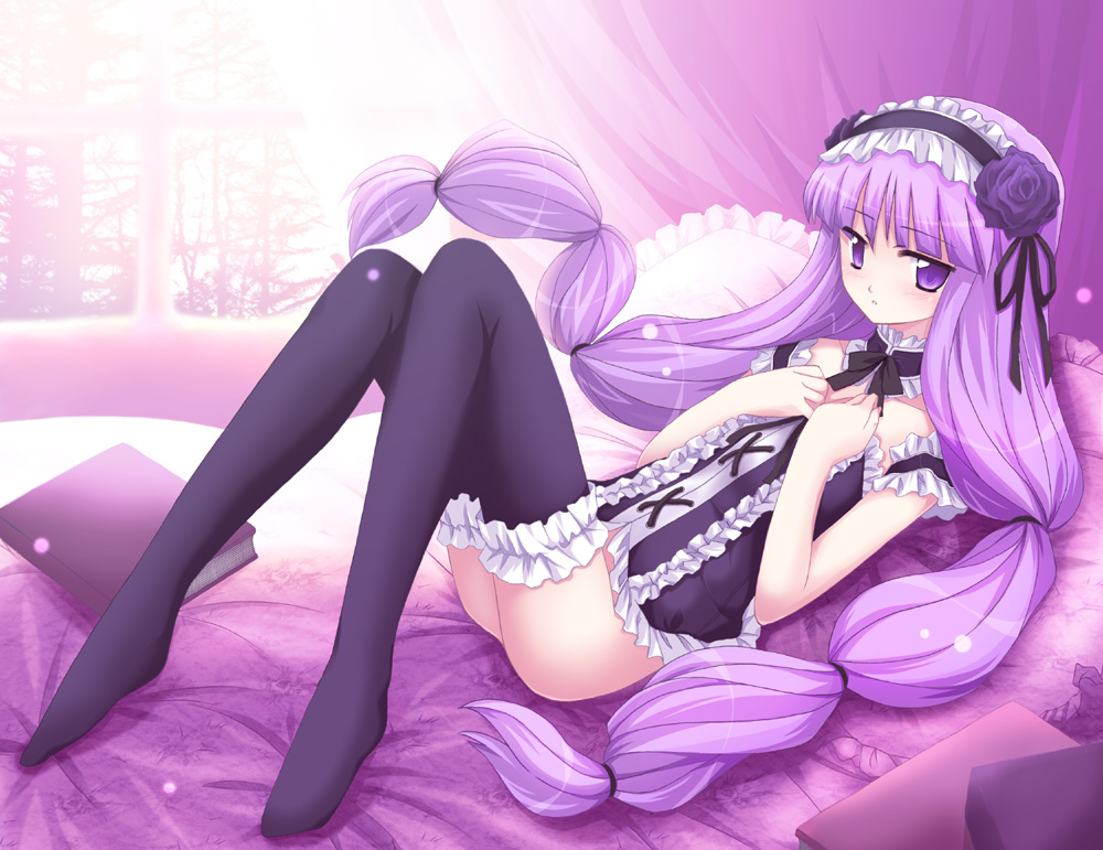 alternate_costume bed black_legwear book bottomless flower hair_tie hairband hands_on_own_chest long_hair nanao_yuki no_panties patchouli_knowledge purple_eyes purple_flower purple_hair purple_rose rose solo thighhighs touhou