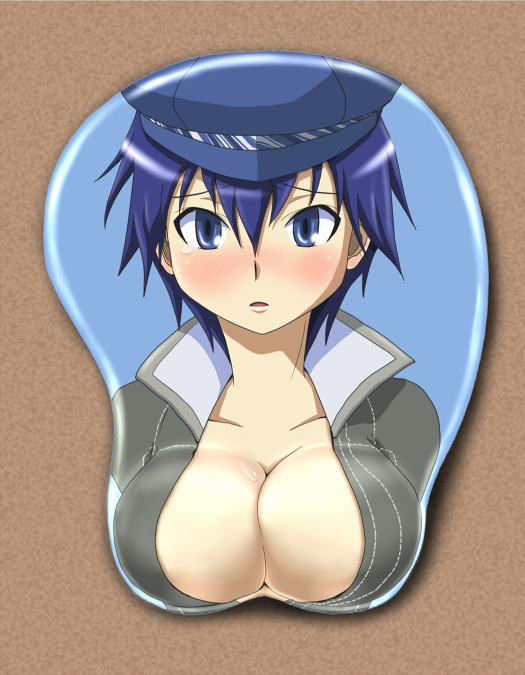 blue_eyes blue_hair blush breast_mousepad breasts cabbie_hat chiizu_ochaduke cleavage crossdressing embarrassed hair_between_eyes hat jacket large_breasts looking_at_viewer mousepad open_mouth persona persona_4 school_uniform shirogane_naoto short_hair solo tears upper_body