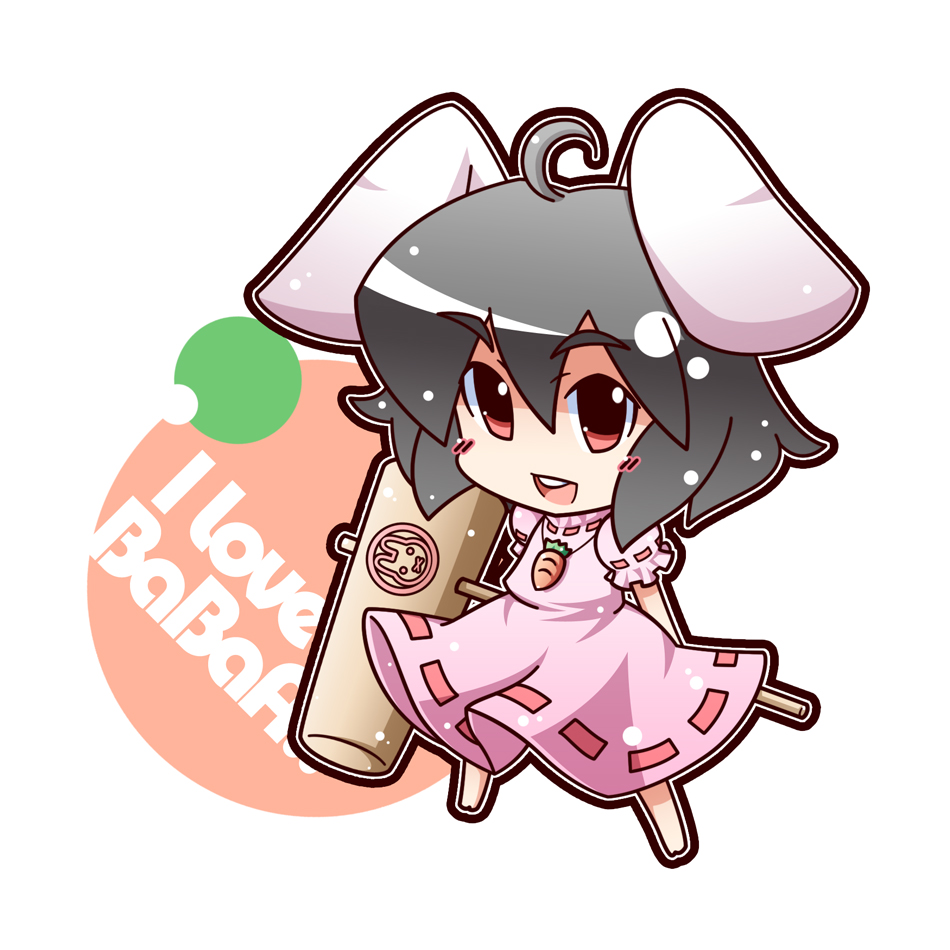 ahoge animal_ears black_hair blush buck_teeth bunny_ears carrot carrot_necklace chibi dress inaba_tewi jewelry kine mallet necklace open_mouth pendant short_hair simple_background smile solo touhou white_background yukiduki