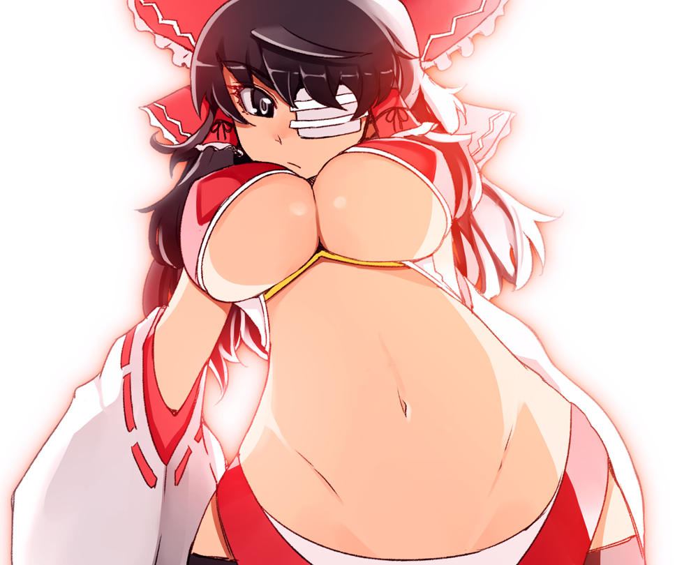 adapted_costume alternate_costume black_eyes black_hair black_legwear bow breasts detached_sleeves eyepatch hair_bow hair_tubes hakurei_reimu kosame_daizu large_breasts long_hair navel revealing_clothes simple_background solo thighhighs touhou underboob white_background