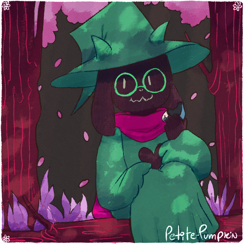 &lt;3 2018 5_fingers ambiguous_gender anthro black_fur border caprine clothed clothing cookie deltarune detailed_background digital_media_(artwork) eating empty_eyes eyewear floppy_ears flower food fully_clothed fur glasses goat green_clothing green_hat hat holding_food holding_object lancer_cookie leaves looking_away mammal outside petals petite-pumpkin pink_scarf plant portrait ralsei robe scarf shadow signature sitting smile solo tree video_games white_border white_eyes witch_hat