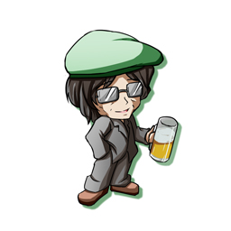 alcohol beer chibi formal glass glasses hat lowres male_focus ryogo shadow simple_background solo suit touhou zun zun_hat
