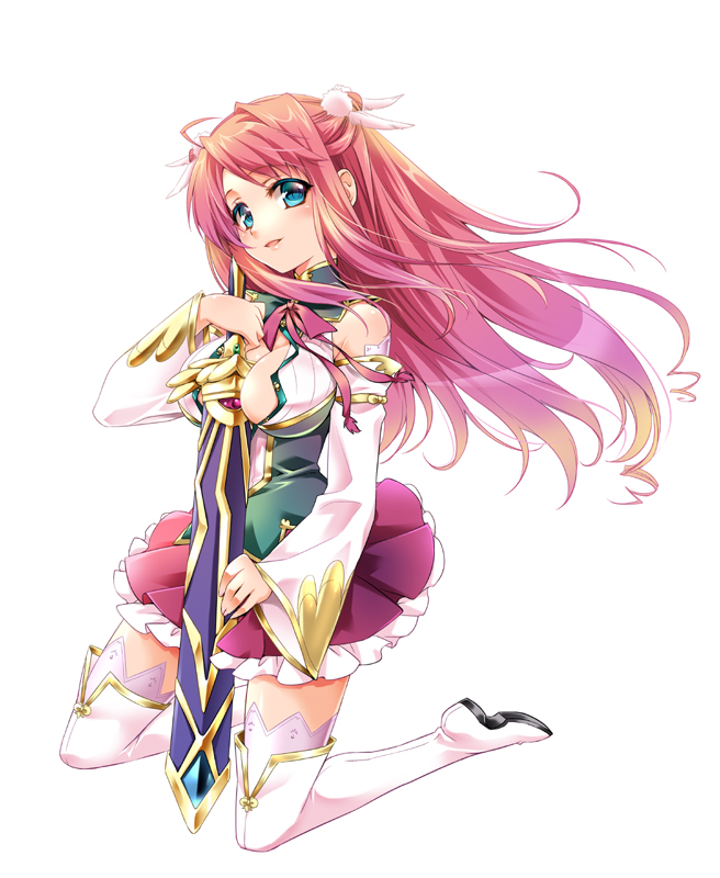 :d ahoge amagai_yukino bangs bare_shoulders between_breasts blonde_hair blue_eyes blush boots breasts cleavage cleavage_cutout colored_eyelashes detached_sleeves feathers floating_hair frills from_side full_body gem gradient_hair hair_feathers hair_ornament happy head_tilt holding holding_sword holding_weapon kneeling koihime_musou large_breasts long_hair looking_at_viewer miniskirt multicolored_hair open_mouth parted_bangs pink_hair pleated_skirt purple_hair ribbon ryuubi scabbard sheath sheathed shin_koihime_musou sidelocks simple_background skirt smile solo sword thigh_boots thighhighs turtleneck very_long_hair weapon white_background white_footwear white_legwear wide_sleeves zettai_ryouiki