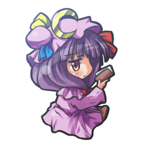 bad_id bad_pixiv_id book bow crescent dress hair_bow hat hat_ribbon long_hair patchouli_knowledge purple_eyes purple_hair reading ribbon ryogo simple_background solo touhou
