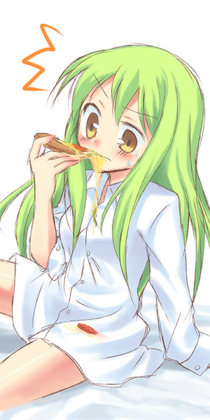 1girl c.c. cheese_trail code_geass dress_shirt eating food green_hair holding holding_food holding_pizza kuguri_oimo long_hair no_pants pizza pizza_slice shirt sitting solo