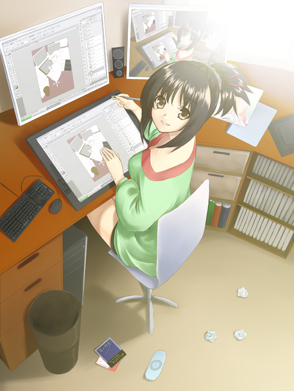 adobe_photoshop black_hair computer copyright_request crumpled_paper drawing drawing_tablet from_above handheld_game_console indoors keyboard_(computer) kyon_(fuuran) looking_at_viewer looking_back looking_up mouse_(computer) playstation_portable ponytail recursion room short_ponytail smile solo speaker trash_can wacom yellow_eyes