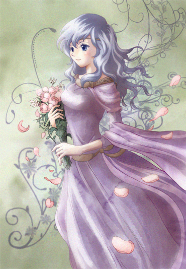 alice_iris bouquet diadora_(fire_emblem) dress fire_emblem fire_emblem:_seisen_no_keifu flower petals purple_eyes purple_hair rose