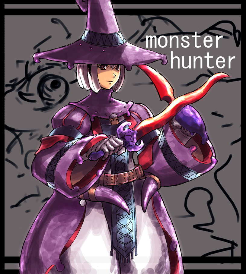 armlet bangs belt blunt_bangs buckle chameleos_(armor) closed_mouth cowboy_shot dual_wielding holding holding_sword holding_weapon long_sleeves looking_at_viewer monster_hunter red_eyes shaded_face short_hair silver_hair smile solo sword tabard tetsu_(kimuchi) weapon wide_sleeves witch
