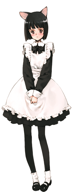 :o animal_ears apron bangs black_hair blunt_bangs blush bob_cut bow bowtie cat_ears dress embarrassed flat_chest full_body maid mary_janes official_art ooyari_ashito open_mouth pantyhose pink_eyes shoes short_dress short_hair shoujo_mahou_gaku_littlewitch_romanesque socks solo standing tillet transparent_background wrist_cuffs
