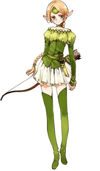 arrow belt blonde_hair blue_eyes blush boots bow_(weapon) bracelet braid choker circlet dagger elf fantasy flat_chest full_body green_footwear jewelry long_hair merret off_shoulder official_art ooyari_ashito pleated_skirt pointy_ears quiver shoujo_mahou_gaku_littlewitch_romanesque single_braid skirt smile solo standing thigh_boots thighhighs transparent_background very_long_hair weapon zettai_ryouiki