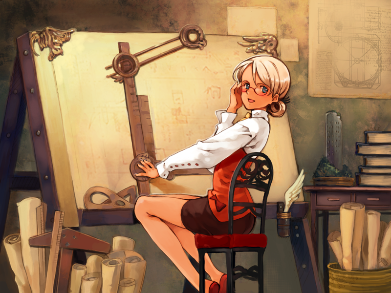 :d adjusting_hair ascot blonde_hair blue_eyes blush book chair drawing easel from_behind game_cg glasses legs long_legs looking_back mariella_grandback miniskirt office_lady ooyari_ashito open_mouth pencil_skirt quill ruler scroll shoes short_hair shoujo_mahou_gaku_littlewitch_romanesque sitting skirt smile solo thighs