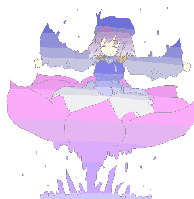 bad_id bad_pixiv_id closed_eyes dissolving flower gradient letty_whiterock oekaki outstretched_arms purple solo spread_arms touhou