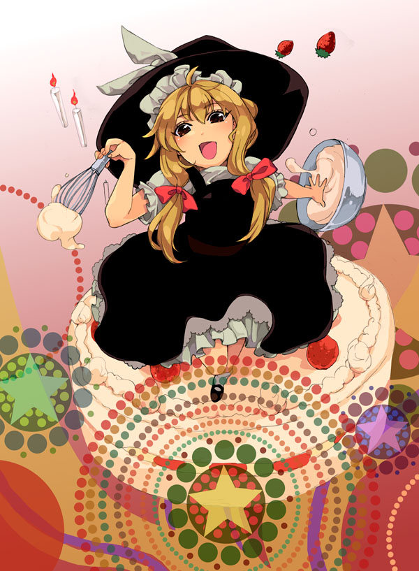 bad_id bad_pixiv_id batter blonde_hair cake cooking food fruit hair_ribbon hat kirisame_marisa lovecom pastry ribbon solo strawberry touhou whisk witch_hat