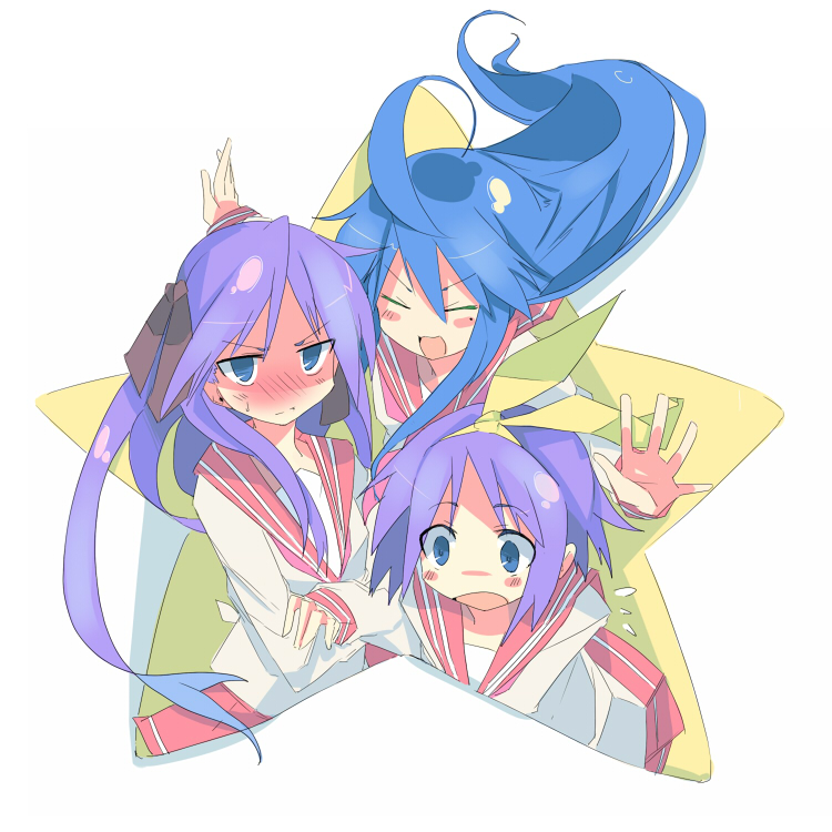 ahoge blue_eyes blue_hair blush closed_eyes hiiragi_kagami hiiragi_tsukasa izumi_konata kanikama long_hair lucky_star mole mole_under_eye multiple_girls purple_hair ryouou_school_uniform school_uniform serafuku short_hair