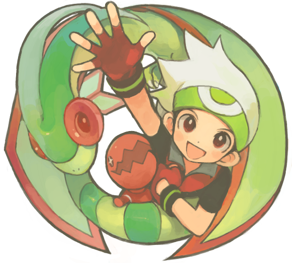 alternate_costume bandana black_hair flygon gen_3_pokemon gloves green_wings hat muguu open_mouth pokemon pokemon_(creature) pokemon_(game) pokemon_emerald pokemon_rse red_eyes trapinch wings yuuki_(pokemon)