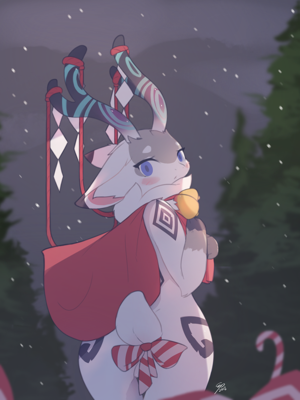 2018 antlers bell blue_eyes blush bow butt_pose cervine christmas convenient_censorship detailed_background digital_media_(artwork) electrycpynk female fur holidays horn inner_ear_fluff looking_at_viewer mammal multicolored_fur neck_tuft nude outside sack signature snow solo standing tree tuft two_tone_fur white_fur wide_hips