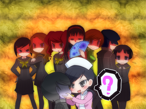 6+girls ? amagi_yukiko angry caught chiizu_ochaduke ebihara_ai fan kujikawa_rise matsunaga_ayane mole multiple_girls narukami_yuu ozawa_yumi pantyhose persona persona_4 satonaka_chie shaded_face shirogane_naoto turn_pale uehara_sayoko you_gonna_get_raped