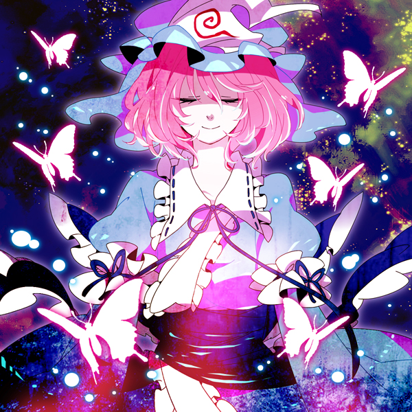 bad_id bad_pixiv_id breasts bug butterfly closed_eyes hat insect japanese_clothes medium_breasts mei_(meiko22) obi pink_hair saigyouji_yuyuko sash short_hair smile solo touhou triangular_headpiece