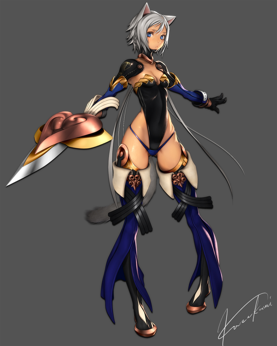 animal_ears black_legwear blue_eyes boots breasts cleavage dark_skin gloves highres hips kazakami_yuu leotard looking_at_viewer original outstretched_arms pigeon-toed short_hair signature silver_hair simple_background small_breasts solo spread_arms thigh_boots thighhighs weapon