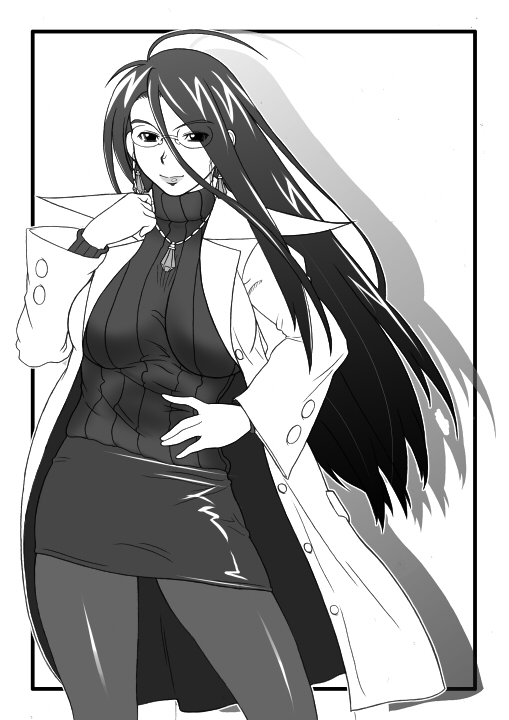 earrings glasses greyscale jewelry justice_gakuen labcoat long_hair minazuki_kyouko monochrome necklace pantyhose pencil_skirt power_play ribbed_sweater skirt solo sweater