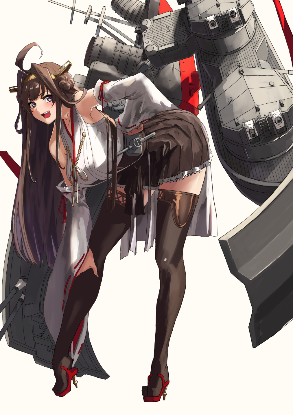 1girl antenna_hair black_skirt boots breasts brown_hair cannon detached_sleeves double_bun eyebrows_visible_through_hair full_body hair_between_eyes hairband hand_on_hip hand_on_leg headgear high_heels highres japanese_clothes kantai_collection kongou_(kantai_collection) large_breasts long_hair looking_at_viewer machinery nontraditional_miko open_mouth pleated_skirt purple_eyes remodel_(kantai_collection) ribbon-trimmed_sleeves ribbon_trim rigging simple_background skirt smile smokestack solo thigh_boots thighhighs turret white_background yashiro_(silver_will)