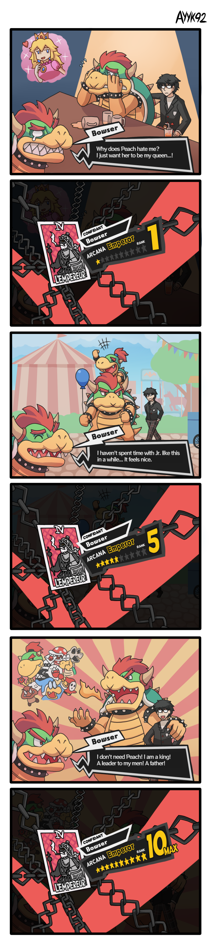 2018 absurd_res anthro ayyk92 bowser bowser_jr. chain clothing collar comic crossover dialogue digital_drawing_(artwork) digital_media_(artwork) english_text father hair hi_res human humor joker_(persona) koopa male mammal mario_bros mask megami_tensei nintendo parent persona persona_5 piggy_back princess_peach red_hair reptile scalie son spiked_collar spikes super_smash_bros super_smash_bros._ultimate text thought_bubble video_games