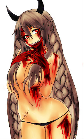 breasts female grey_hair grin hair hair_covering_breasts horn long_hair monster monster_girl navel nightmare_fuel panties red_eyes scar solo teeth topless underwear unknown_artist