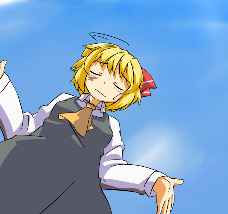 ascot blonde_hair closed_eyes dirty dress from_below hihachi rumia short_hair shrug smile solo touhou