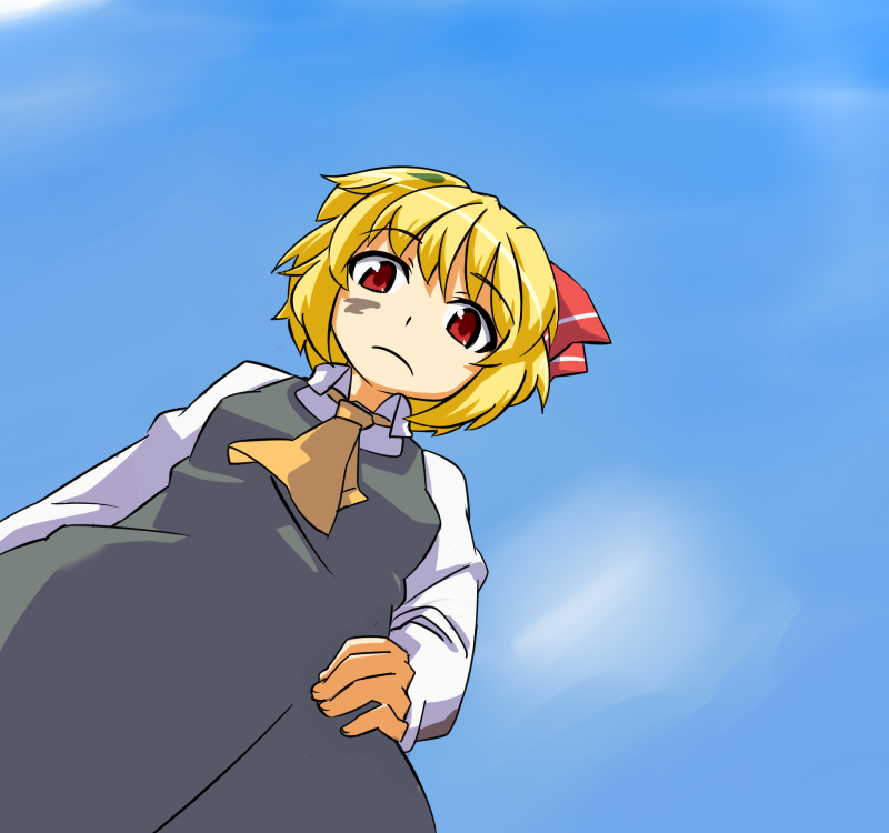 ascot blonde_hair dirty dress from_below hand_on_hip hihachi looking_down red_eyes rumia short_hair solo touhou