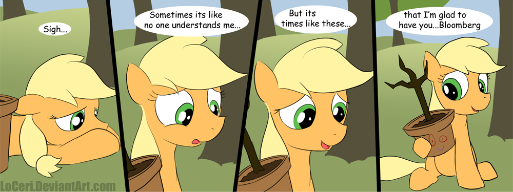 applejack_(mlp) blonde_hair bloomberg_(mlp) comic cutie_mark dialog dialogue english_text equine female feral friendship_is_magic garden_pot grass green_eyes hair horse loceri mammal my_little_pony outside pony text tree wood
