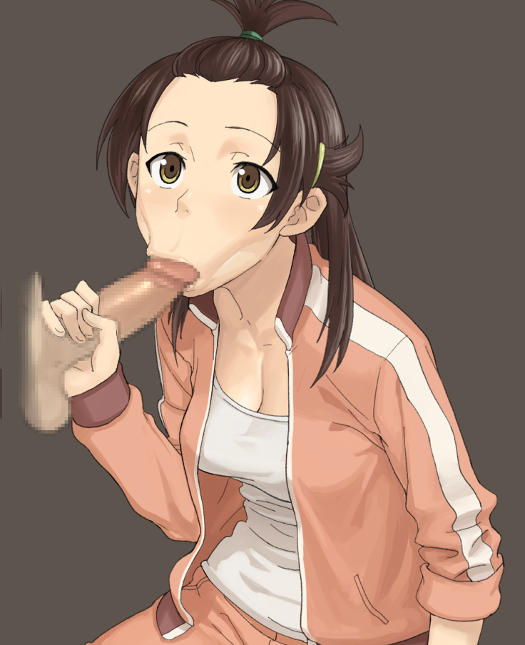 :&gt;= awesome brown_hair fellatio hair_ornament hairclip hetero jacket kyouno_madoka open_clothes open_jacket oral pants penis rinne_no_lagrange sleeves_rolled_up solo_focus track_jacket track_pants yellow_eyes