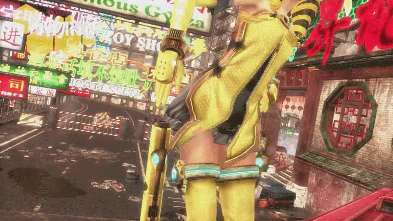 1girl ai_rin anarchy_reigns animated animated_gif ass bent_over city eyepatch max_anarchy nunchaku panties pantyshot skirt spanked spanking underwear upskirt weapon