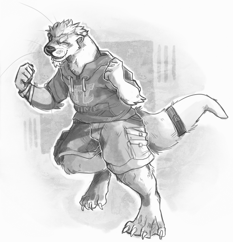 black_and_white bracelet claws clothed clothing greyscale hair jacket jewelry looking_at_viewer male mammal monochrome mustelid otter pi shorts solo unknown_artist whiskers