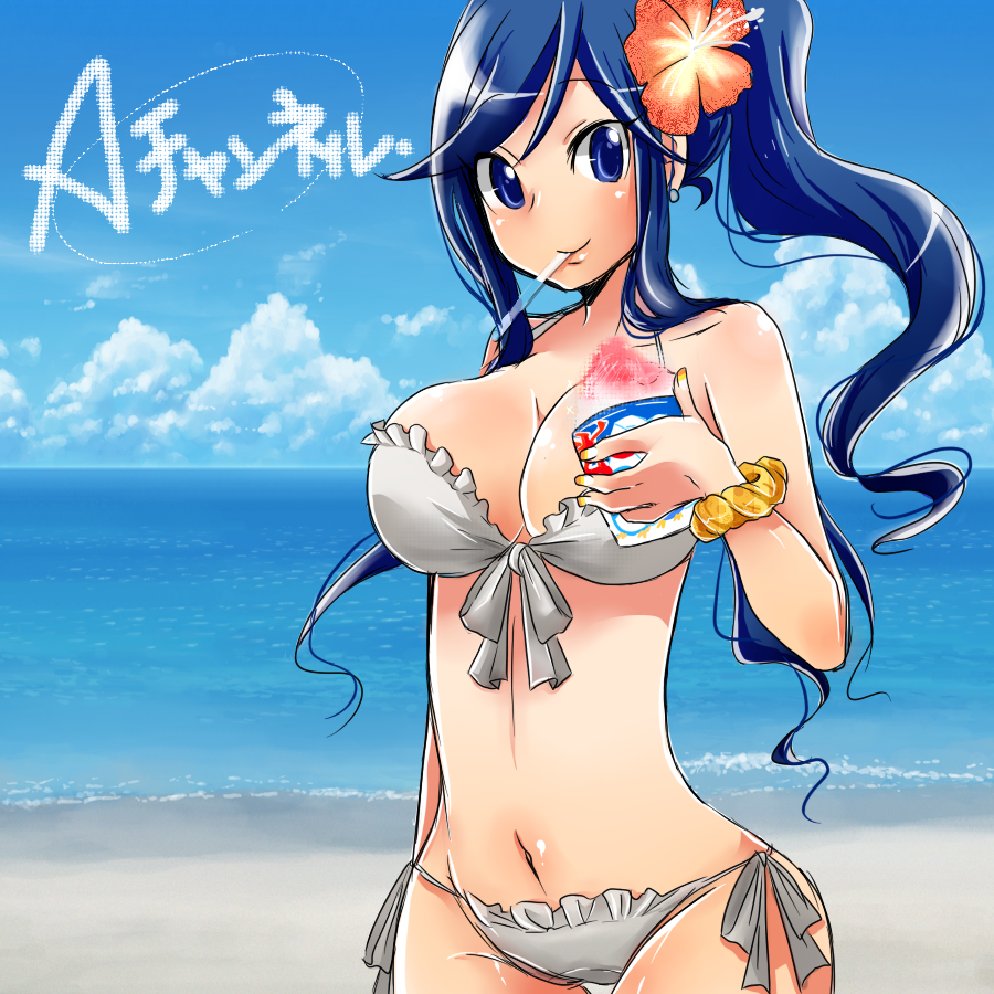 a_channel bad_id bad_pixiv_id beach bikini blue_eyes day flower hibiscus long_hair nishi_yuuko ponytail shaved_ice swimsuit yawaragi