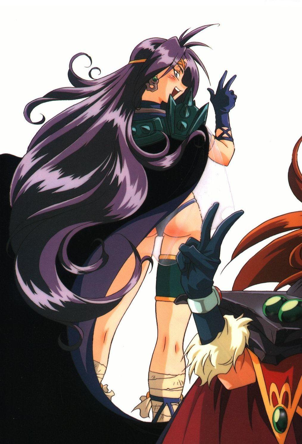 2girls armlet armor ass bandage blue_eyes blush cape circlet earrings fur gloves highres jewelry kneepits legs lina_inverse long_hair looking_back multiple_girls naga_the_serpent orange_hair purple_hair scan see-through slayers thigh_band thigh_strap turtleneck v very_long_hair