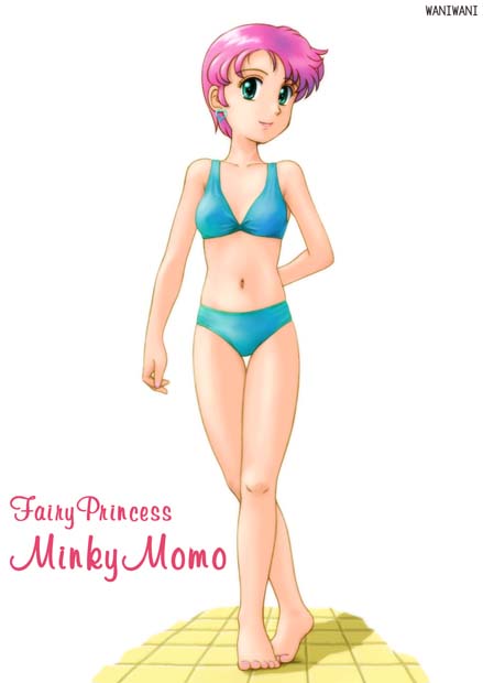bikini child green_eyes magical_girl mahou_no_princess_minky_momo minky_momo pink_hair smile swimsuit teen teenage waniwani