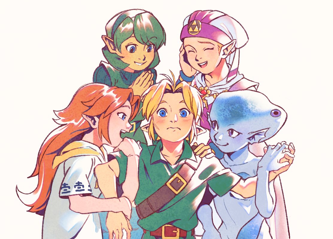 blonde_hair blue_body blue_skin boots clothing elf female footwear green_hair group hair hand_holding humanoid humanoid_pointy_ears hylian light_body light_skin long_hair male male/female malon marine nintendo not_furry ocarina_of_time open_mouth open_smile orange_hair princess_ruto princess_zelda saria simple_background smile solo the_legend_of_zelda uzucake young_link zora