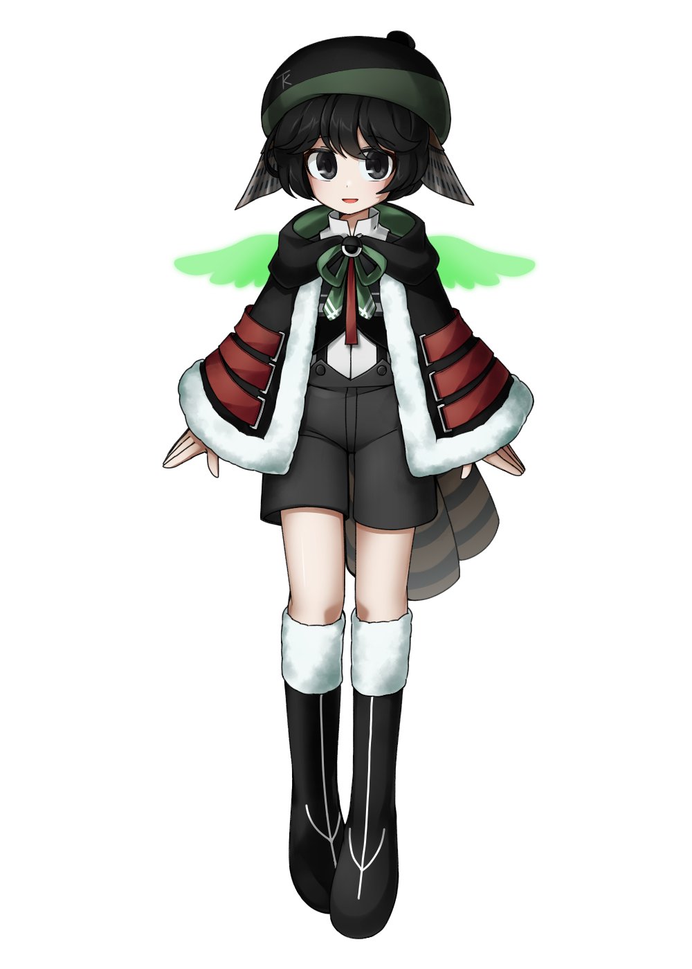 1boy bird_tail black_capelet black_eyes black_footwear black_hair black_headwear boots capelet chinese_commentary commentary_request eye_of_senri full_body fur-trimmed_boots fur-trimmed_capelet fur_trim green_ribbon green_wings grey_shorts hat highres indie_virtual_youtuber long_sleeves male_focus neck_ribbon open_mouth ribbon shirt short_hair shorts simple_background smile solo tabinoki_kanae tachi-e tail variant_set virtual_youtuber websci_3357 white_background white_shirt wings