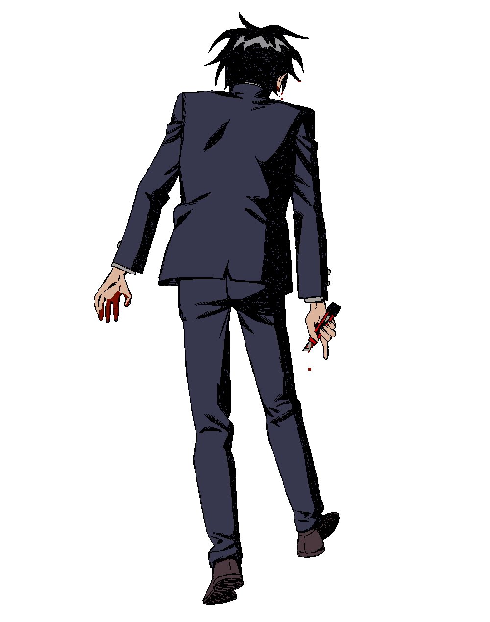 1boy arms_at_sides black_hair black_jacket black_pants blood blood_drip blood_on_hands blood_on_weapon boxcutter from_behind full_body highres holding_boxcutter index_finger_raised jacket jaggy_lines long_sleeves male_focus messy_hair pants randal's_friends shoes short_hair simple_background solo takushi_(taxi739) tsukada_satoru walking weapon white_background